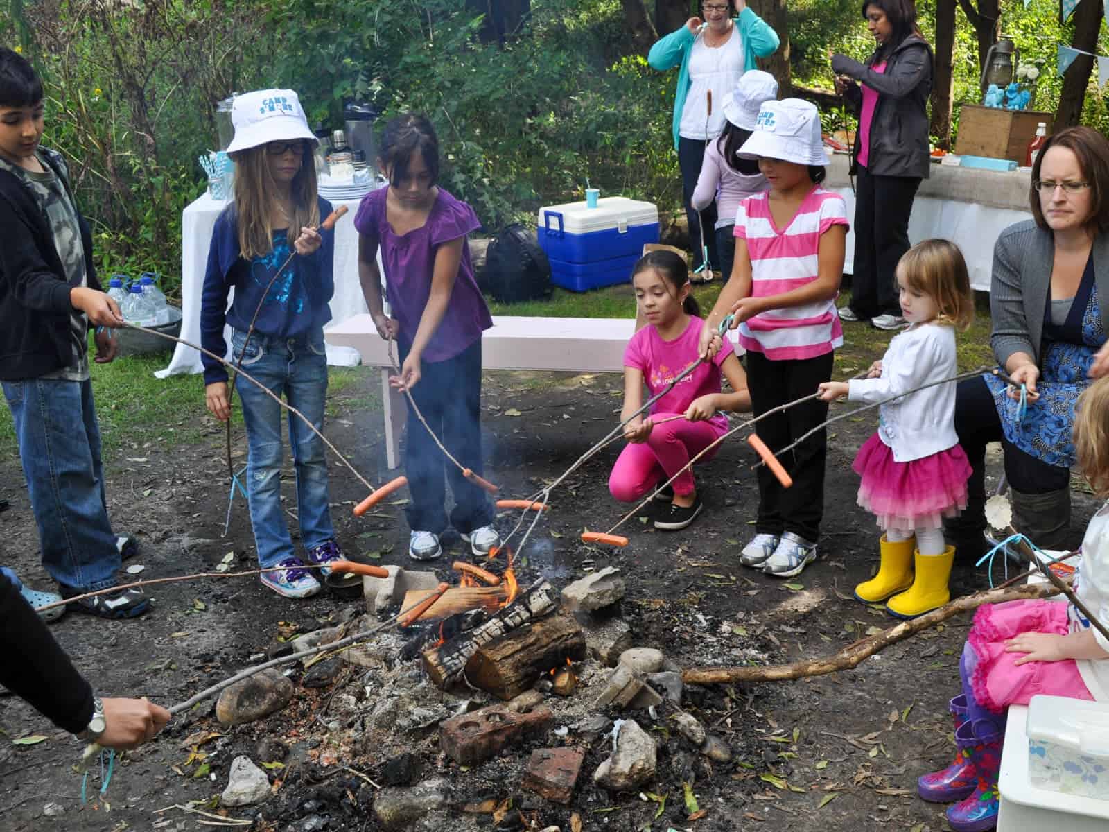 Children roasting hot dogs on sticks over a campfire at a birthday party.