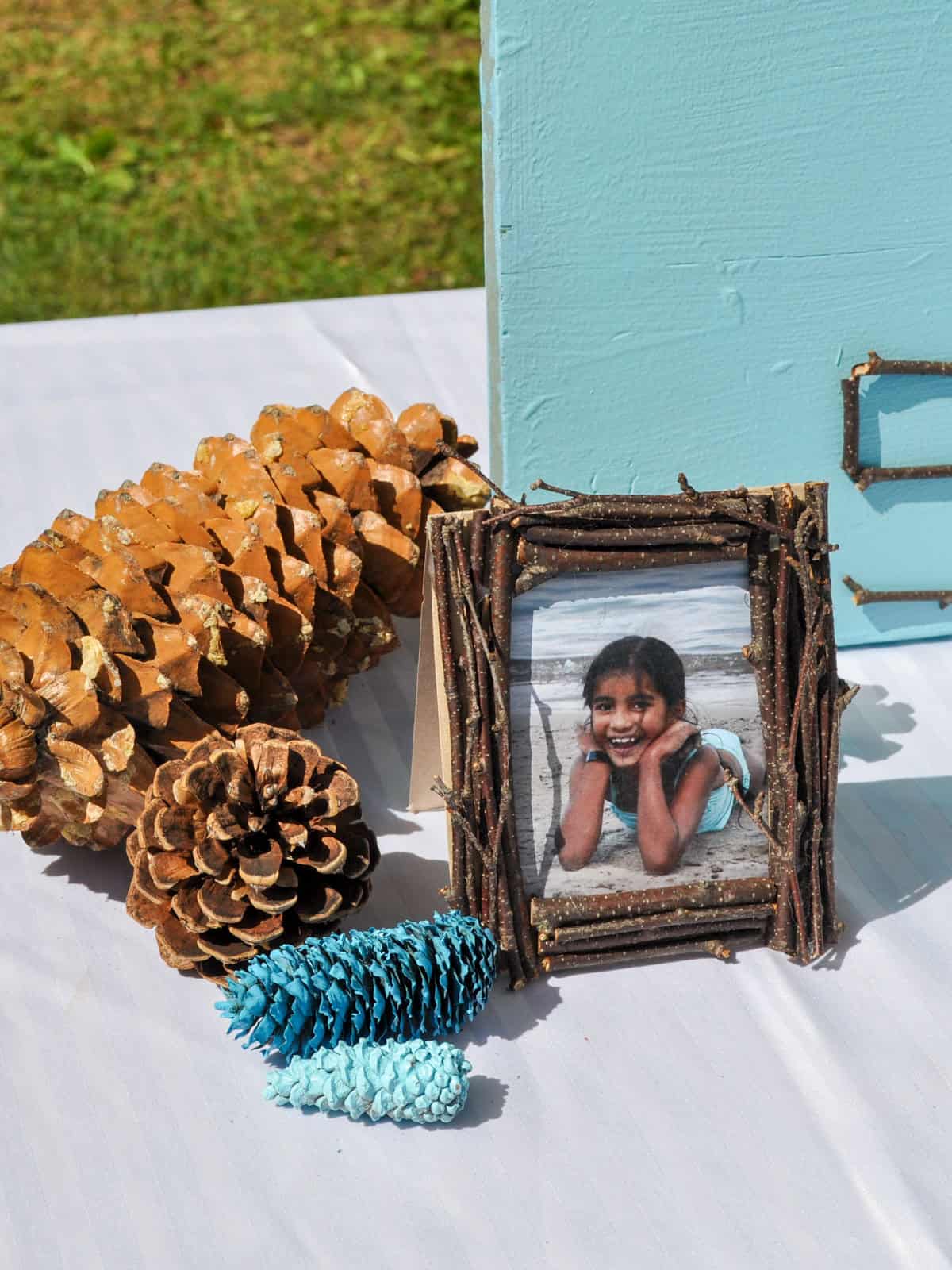 Twig picture frame with a photo of the birthday girl next to pinecones and a Camp S'more sign.