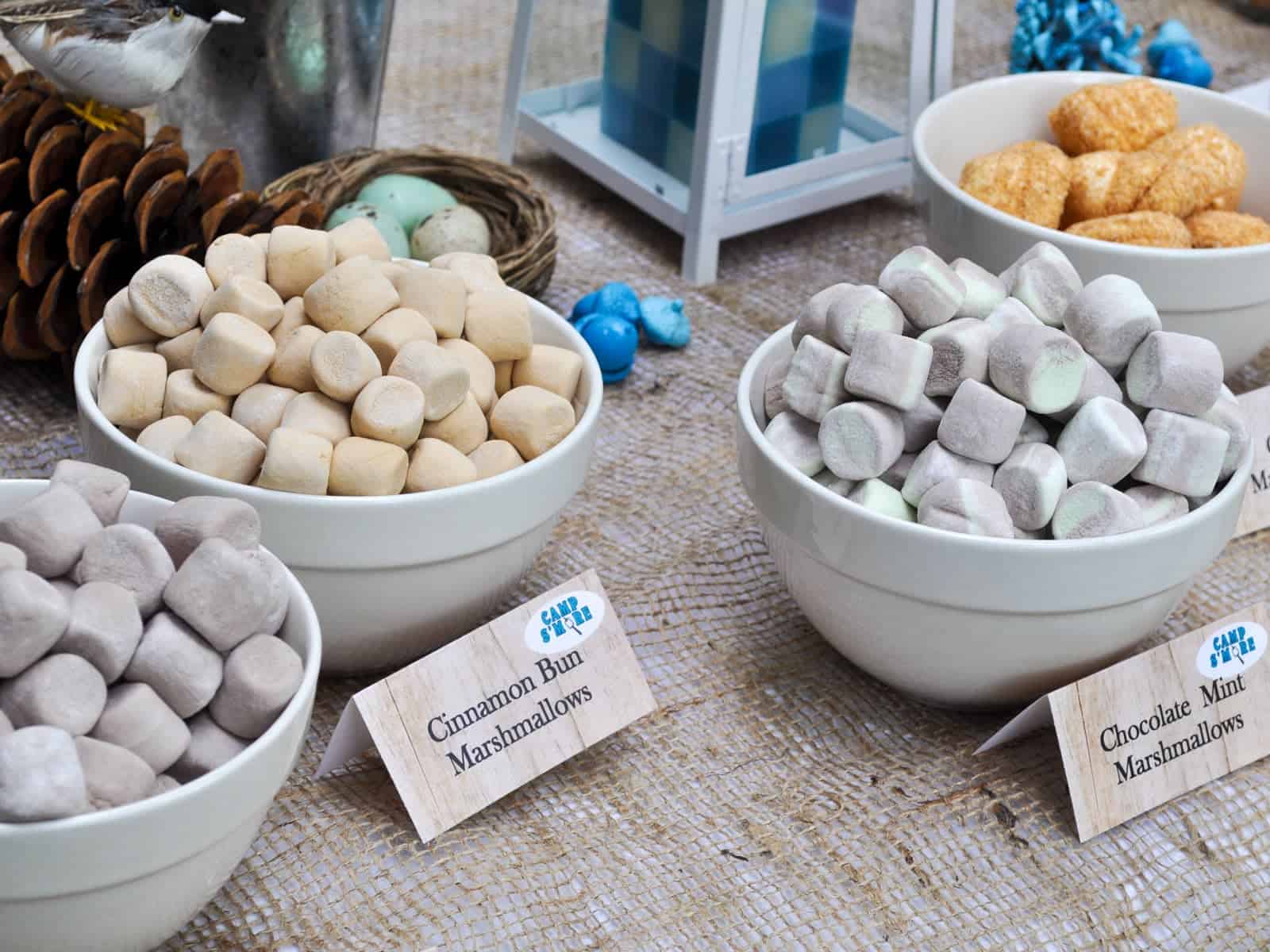 Bowls of cinnamon bun and chocolate mint marshmallows labeled for a camping party s'mores bar.