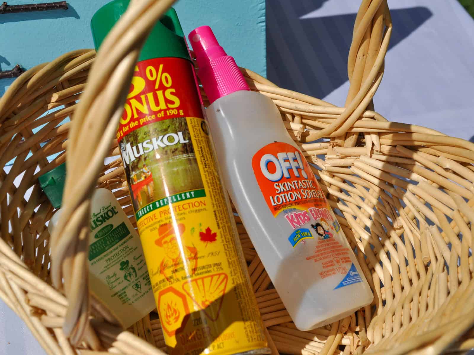 Wicker basket filled with bug spray and sunblock for camping birthday party guests.