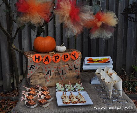 Fall Leaf Raking Party -a fun family fall party, filled with leaf themed treats, like leaf jello, rake cookies, and fall themed decor.