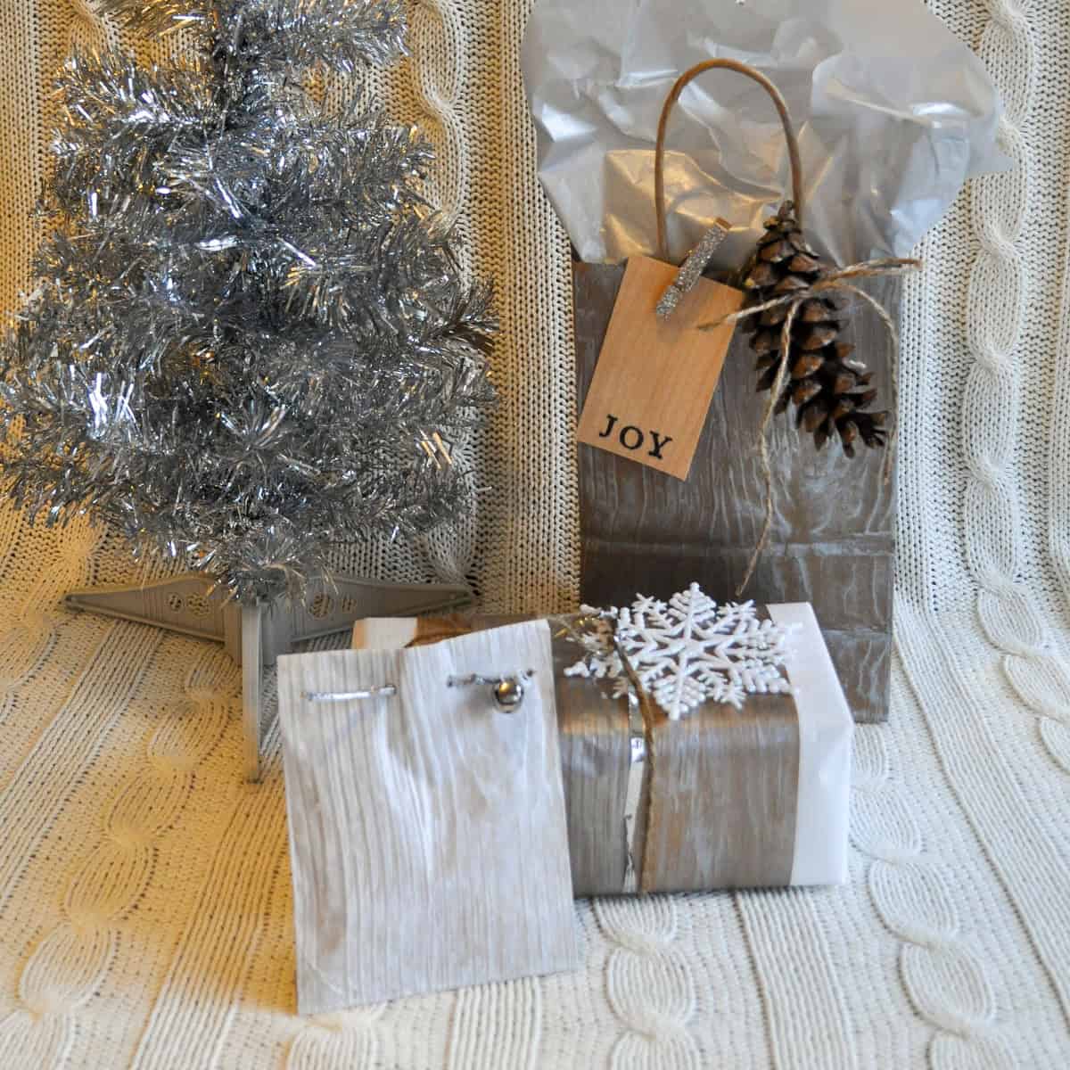 DIY woodgrain wrapping paper craft.