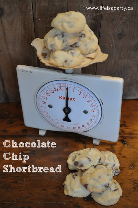 Chocolate Chip Shortbread Cookies -an easy, no fail, delicious recipe. Makes a big batch too, perfect for sharing and gift giving.