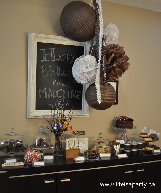 Chocolate Themed Party: a chocolate dessert table, decoration ideas, and a make-your-own chocolate bar activity everyone will love.