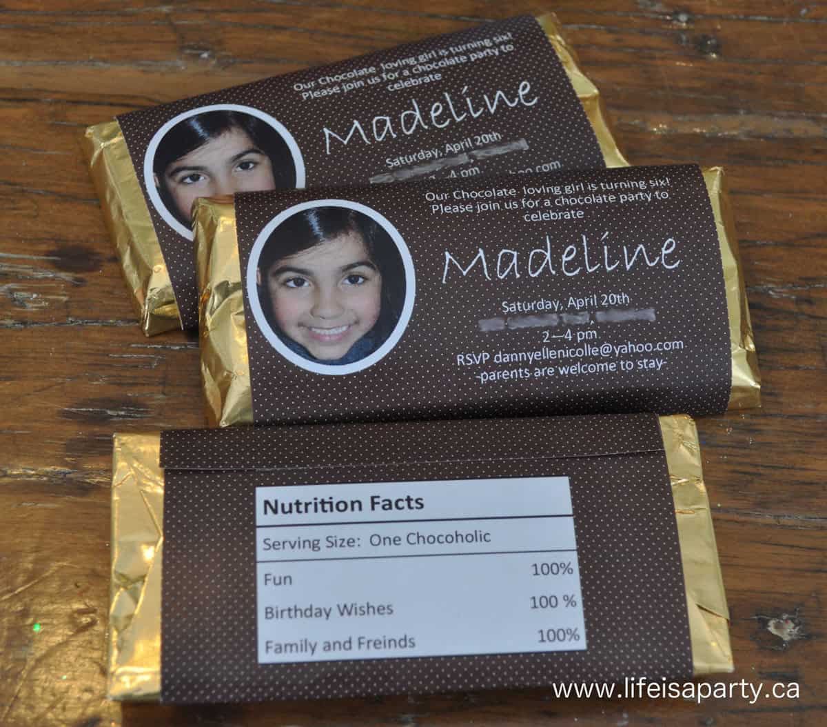 Chocolate bar invitations for a chocolate themed birthday party.