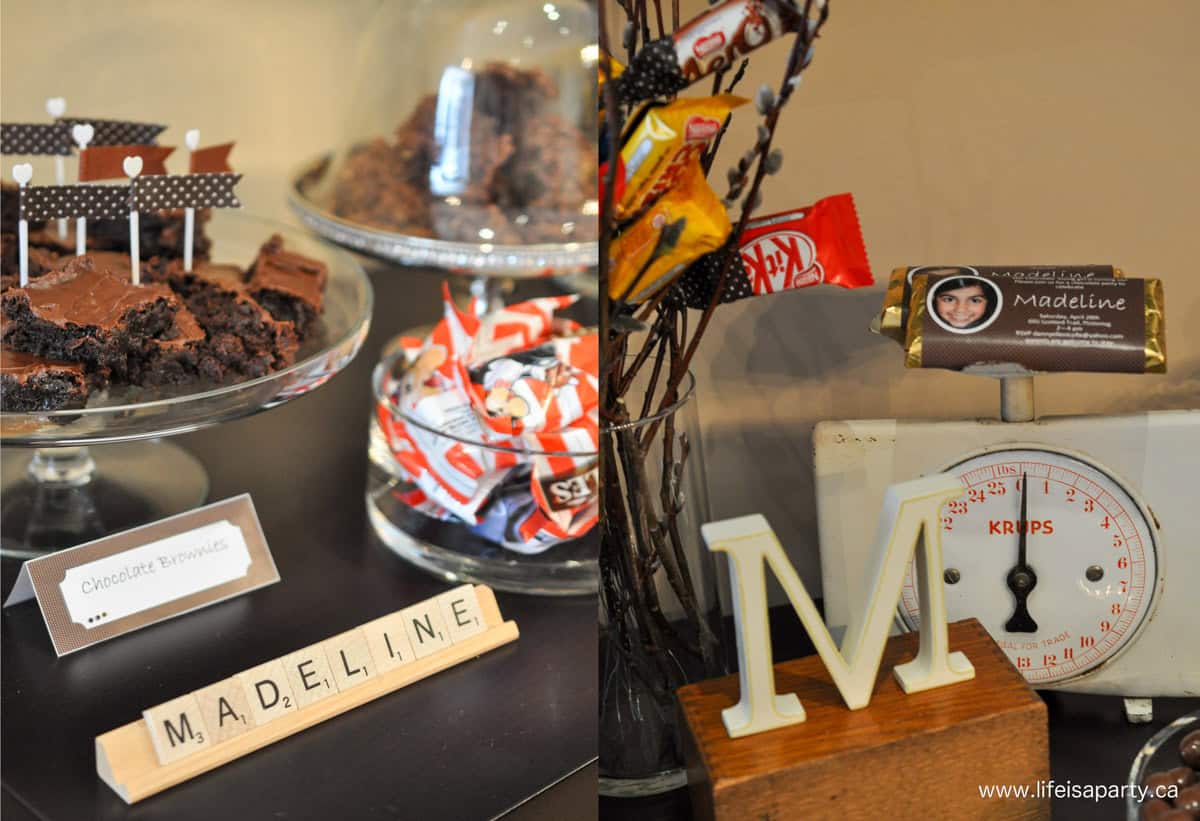 Decorations for a rustic chocolate themed dessert table.