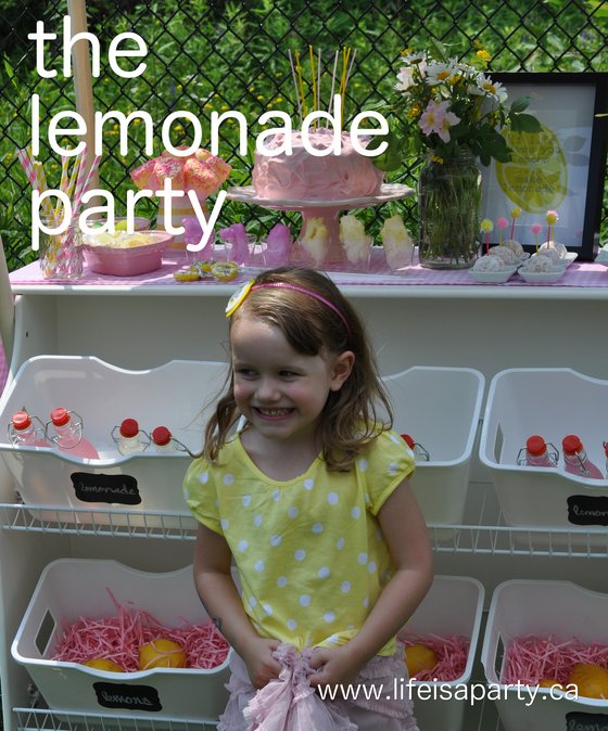 Pink and Yellow Lemonade Party: ideas for DIY lemonade party decorations, a free lemonade printable, and a pink and yellow dessert table.