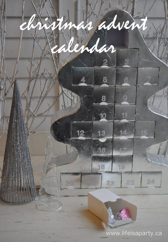 Tree Advent Calendar: IKEA hack, inexpensive cardboard advent calendar that's been silver leafed, and filled with printable activities.