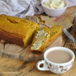 Moist pumpkin loaf with walnuts.