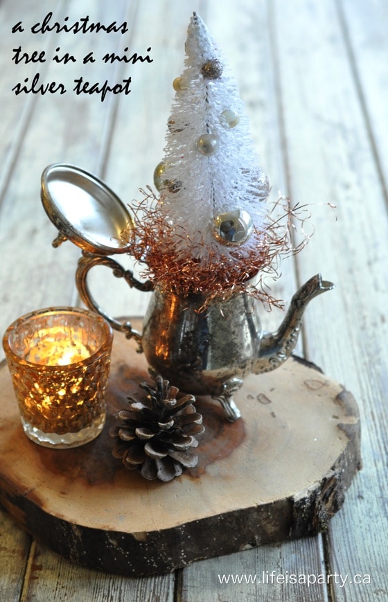 Teapot Christmas Tree: start with a vintage silver teapot, add a bottle brush tree, some mini Christmas balls, for the perfect DIY Christmas decor.