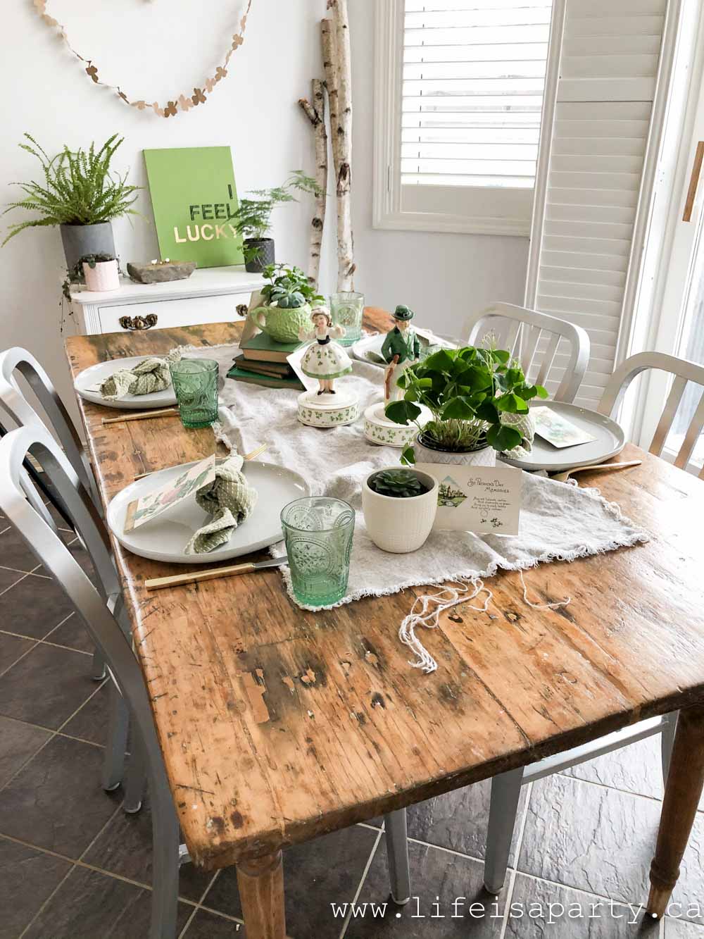 St. Patrick's Day Table: a mix of vintage and modern touches with lots of green for the perfect St. Patrick's Day table decorations.