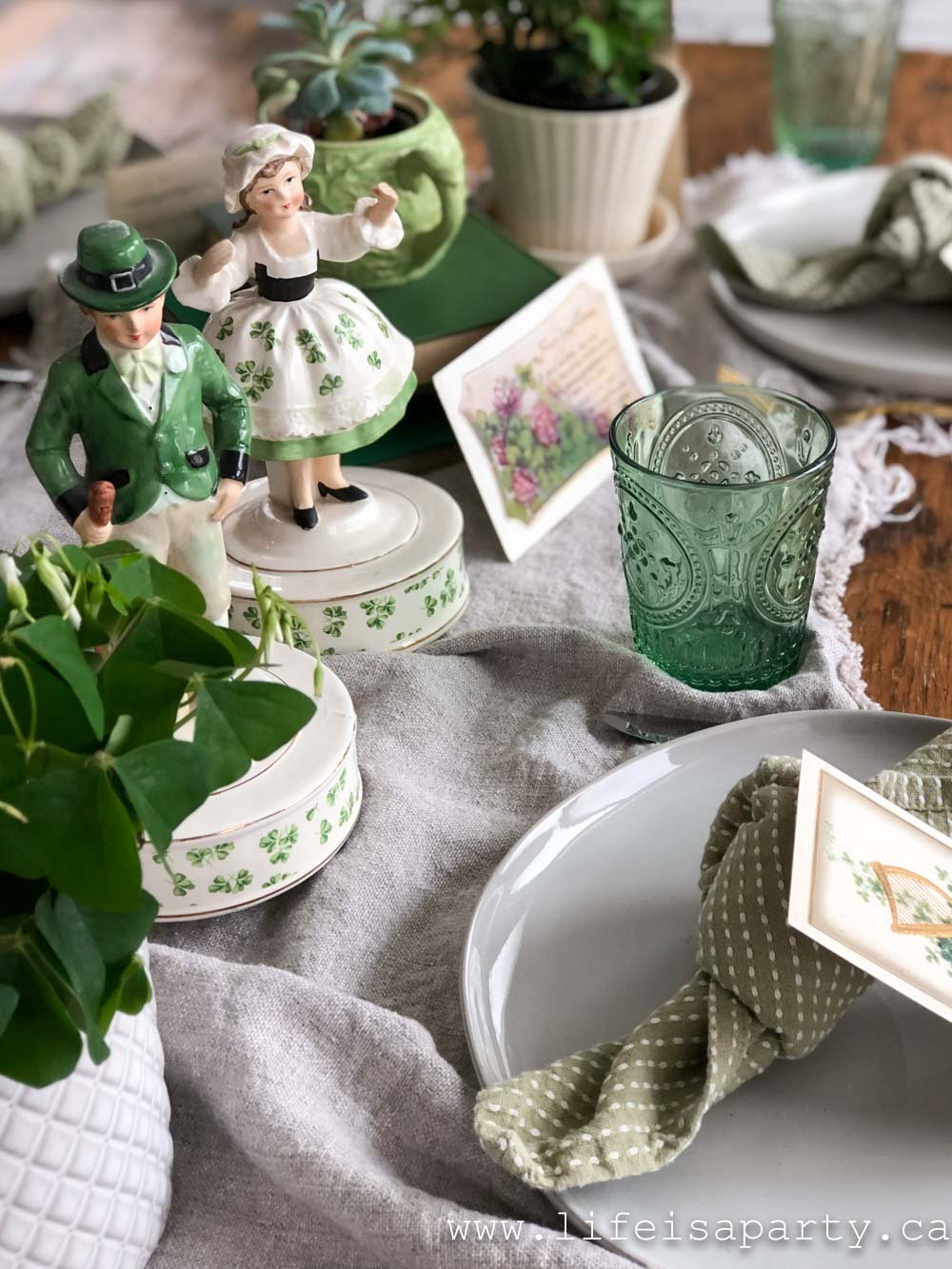 St. Patrick's Day Table: a mix of vintage and modern touches with lots of green for the perfect St. Patrick's Day table decorations.