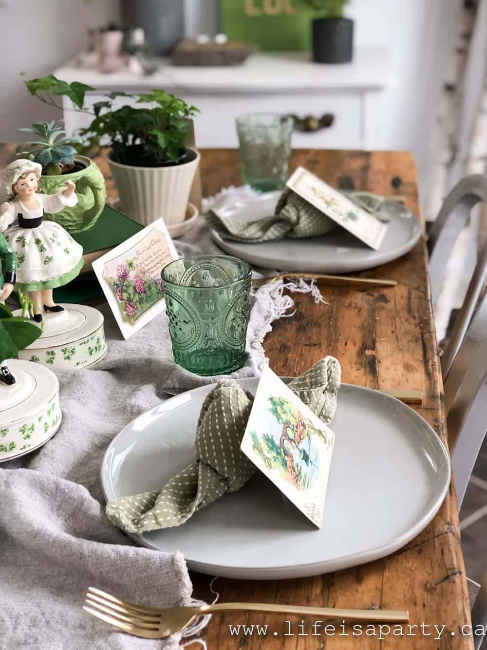 St. Patrick's Day Table: a mix of vintage and modern touches with lots of green for the perfect St. Patrick's Day table decorations.