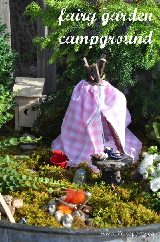 Camping Fairy Garden: a tent, a hammock, an outhouse, and a campfire to roast marshmallows make the perfect miniature fairy size campground.