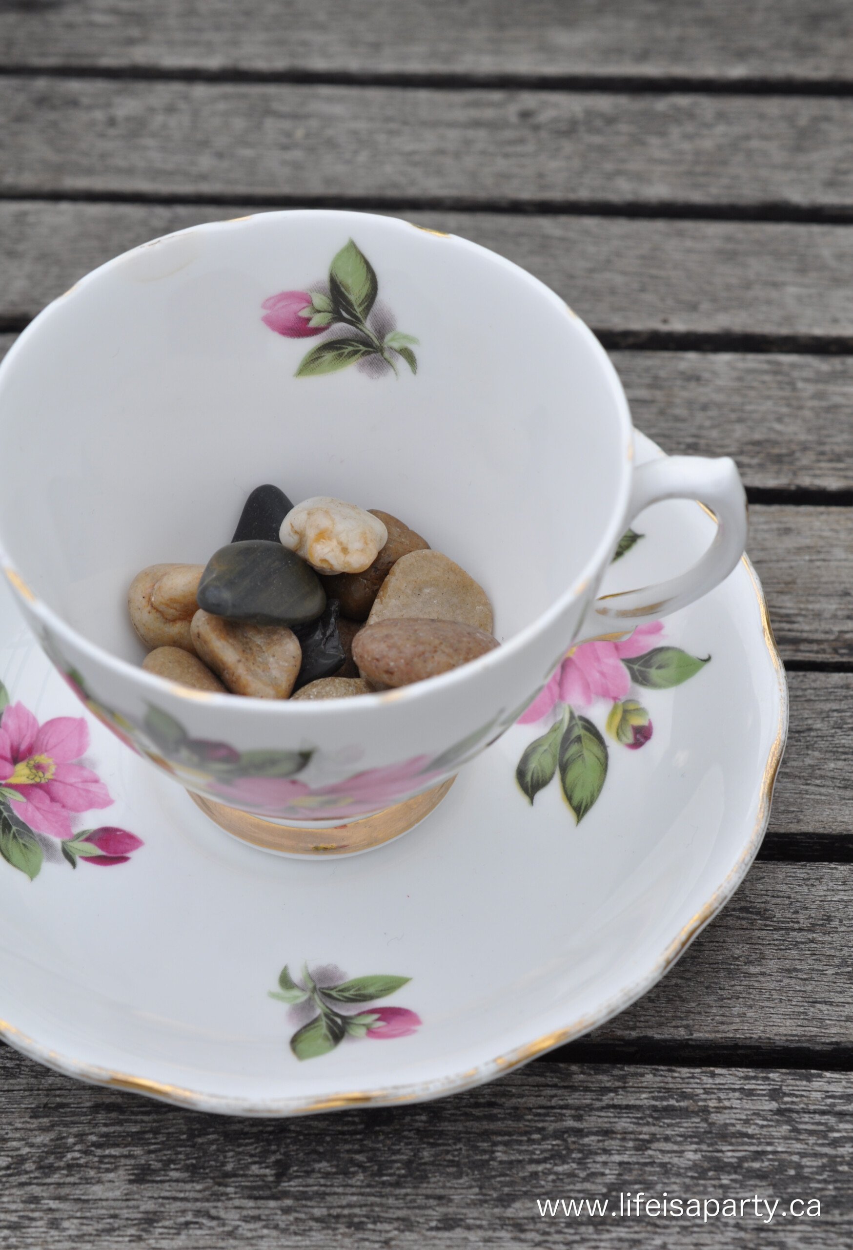teacup fairy garden 5.jpg Vintage teacup and sauce with small stones in the bottom.