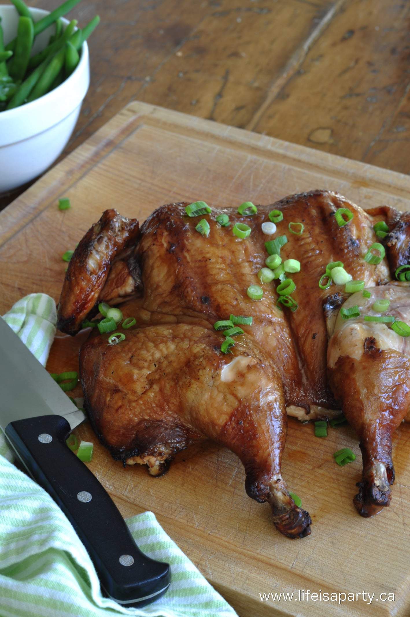 Marinated, Grilled, Flattened Chicken -Spackcocked Chicken: The perfect recipe for marinated grilled flattened chicken, easy, moist, and ingredients you have on hand. Perfect for freezer cooking, prepare marinade with chicken, freeze, de-frost while it marinades, and grill.