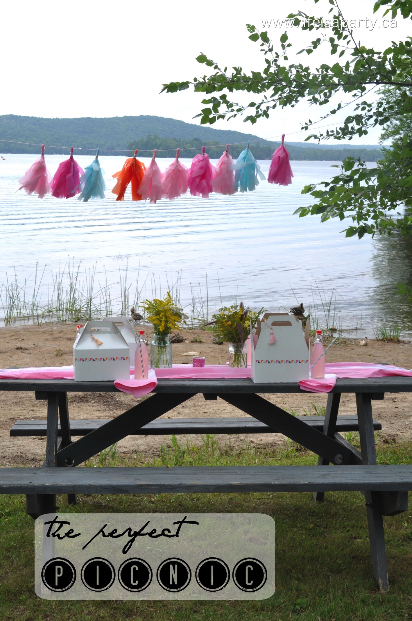 Pretty Picnic Lunch: Individual picnic boxes, wild flowers, tissue paper tassels, and a delicious menu make this the perfect picnic lunch.