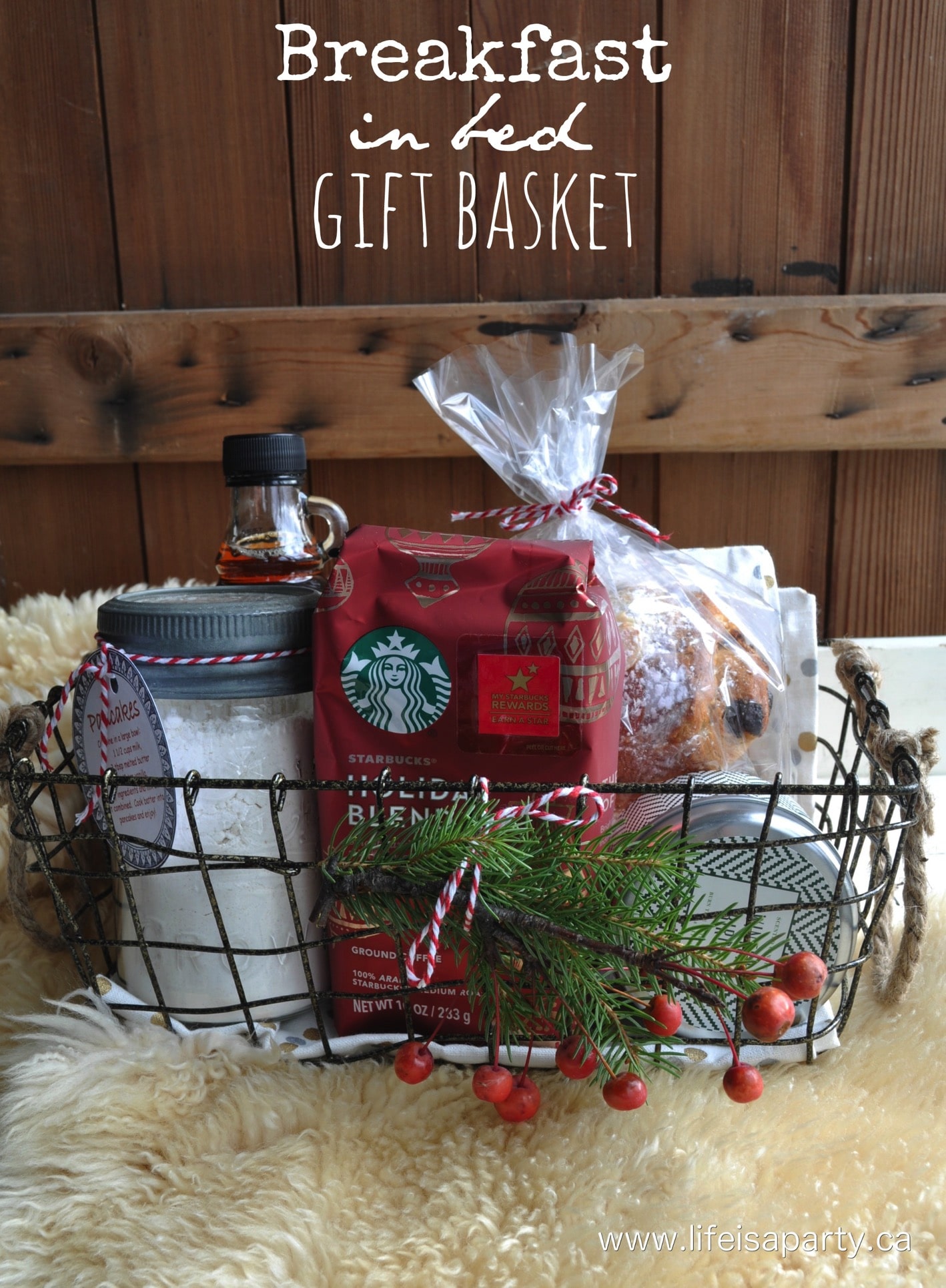 Breakfast in Bed Gift Basket: perfect, thoughtful gift, includes a recipe and homemade mix for pancakes, and free printable.