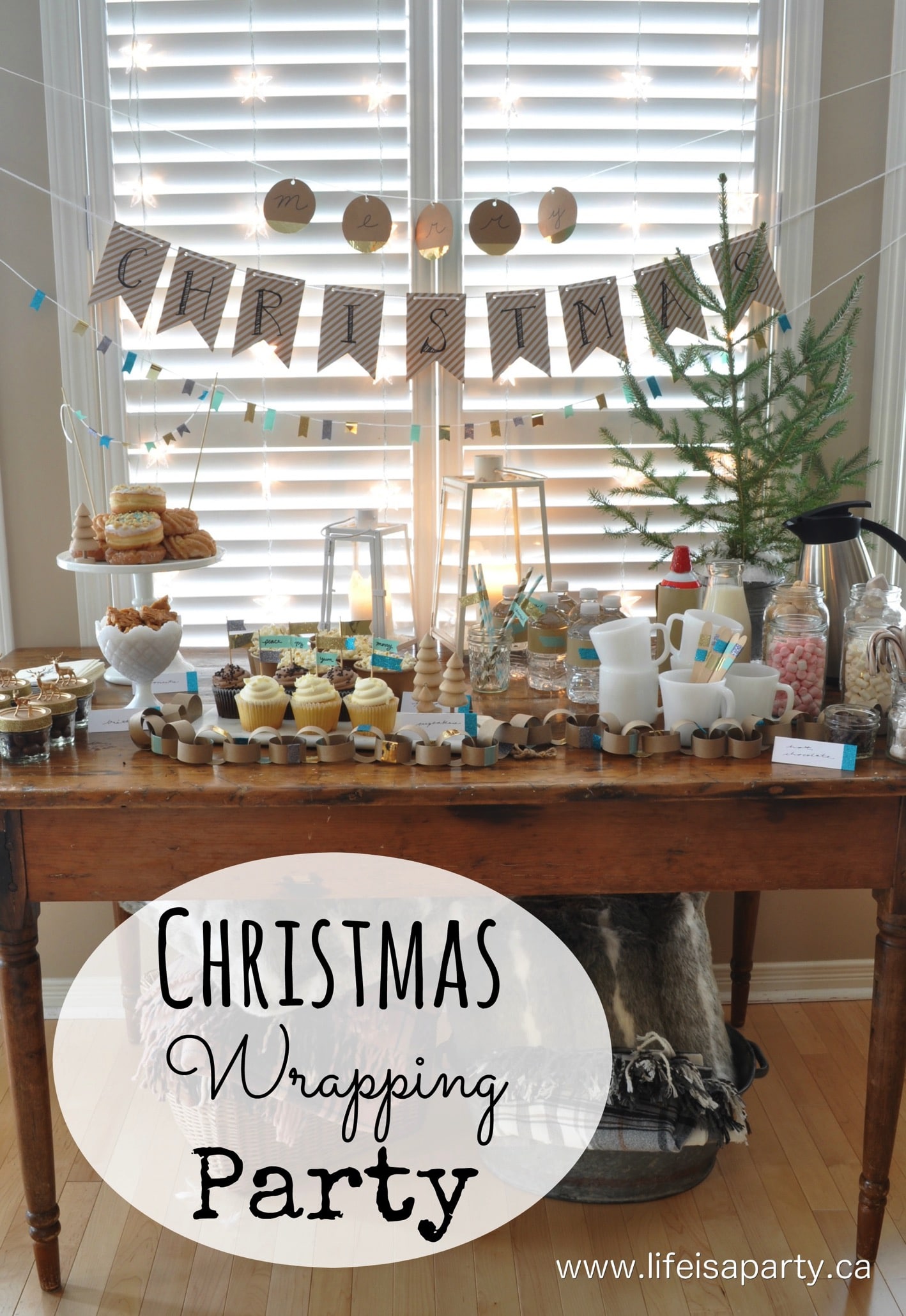 Christmas Gift Wrapping Party: DIY personalized party decorations, dessert table, party drinks and DIY gift tags and gift wrapping ideas.