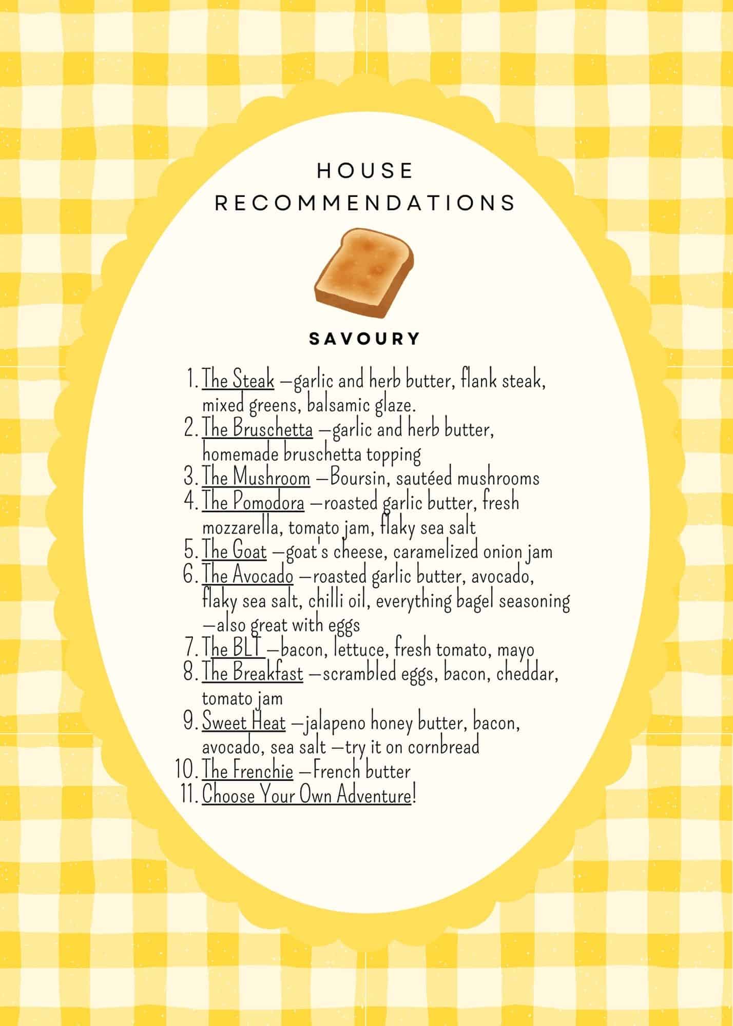Free editable toast /butter party menu with suggestions for toast topping combinations, in yellow.