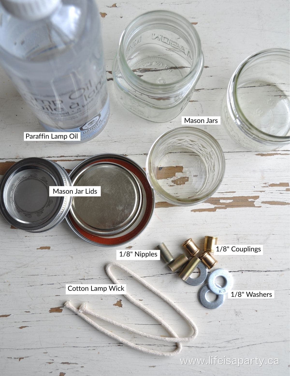 how to make a mason jar oil lamp 2.jpg Materials to make DIY mason jar oil lamps, including lamp oil, wick, and mason jars.