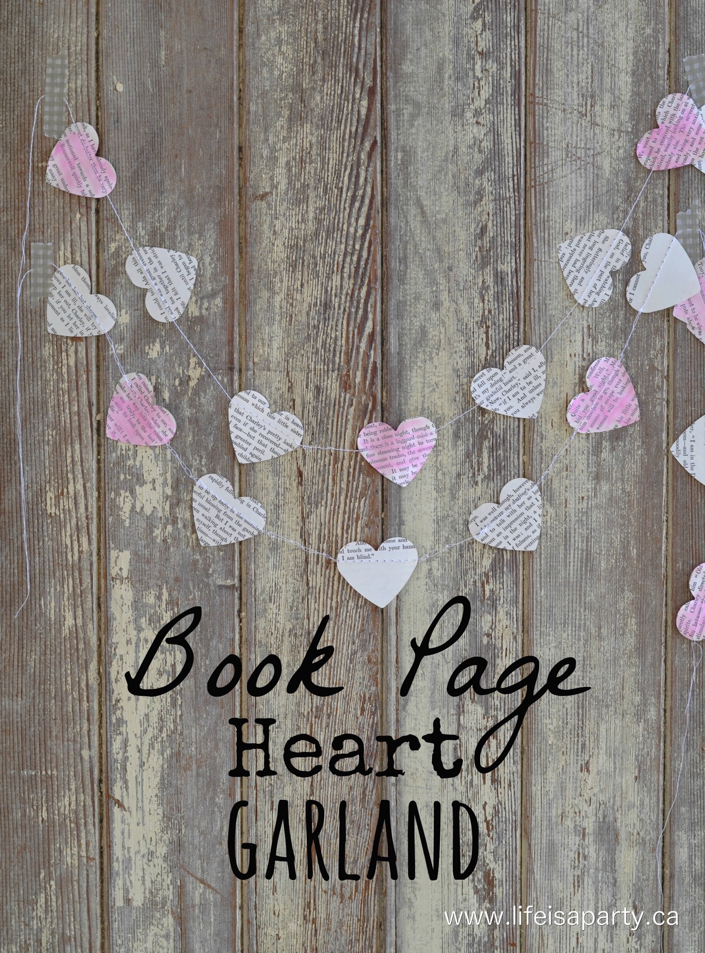Book Page Heart Garland: How to make a DIY watercolour book page heart garland with an old book and a sewing machine, easy and inexpensive.