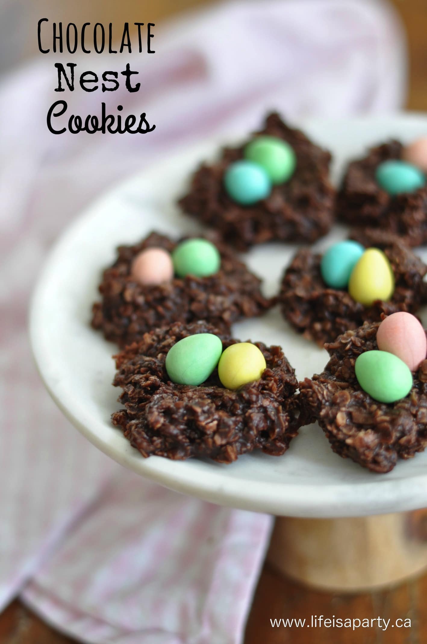 No Bake Chocolate Coconut Oatmeal Nest Cookies: An easy no-bake cookie, perfect for Easter, made to resemble little nests and full of Easter eggs.