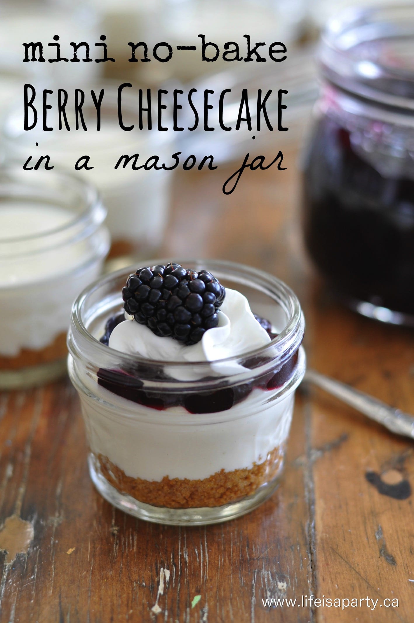 Mini No-Bake Berry Cheesecake In A Mason Jar -the perfect cute, portable, easy treat! Top with any fruit you like best. Indiviual serving size.
