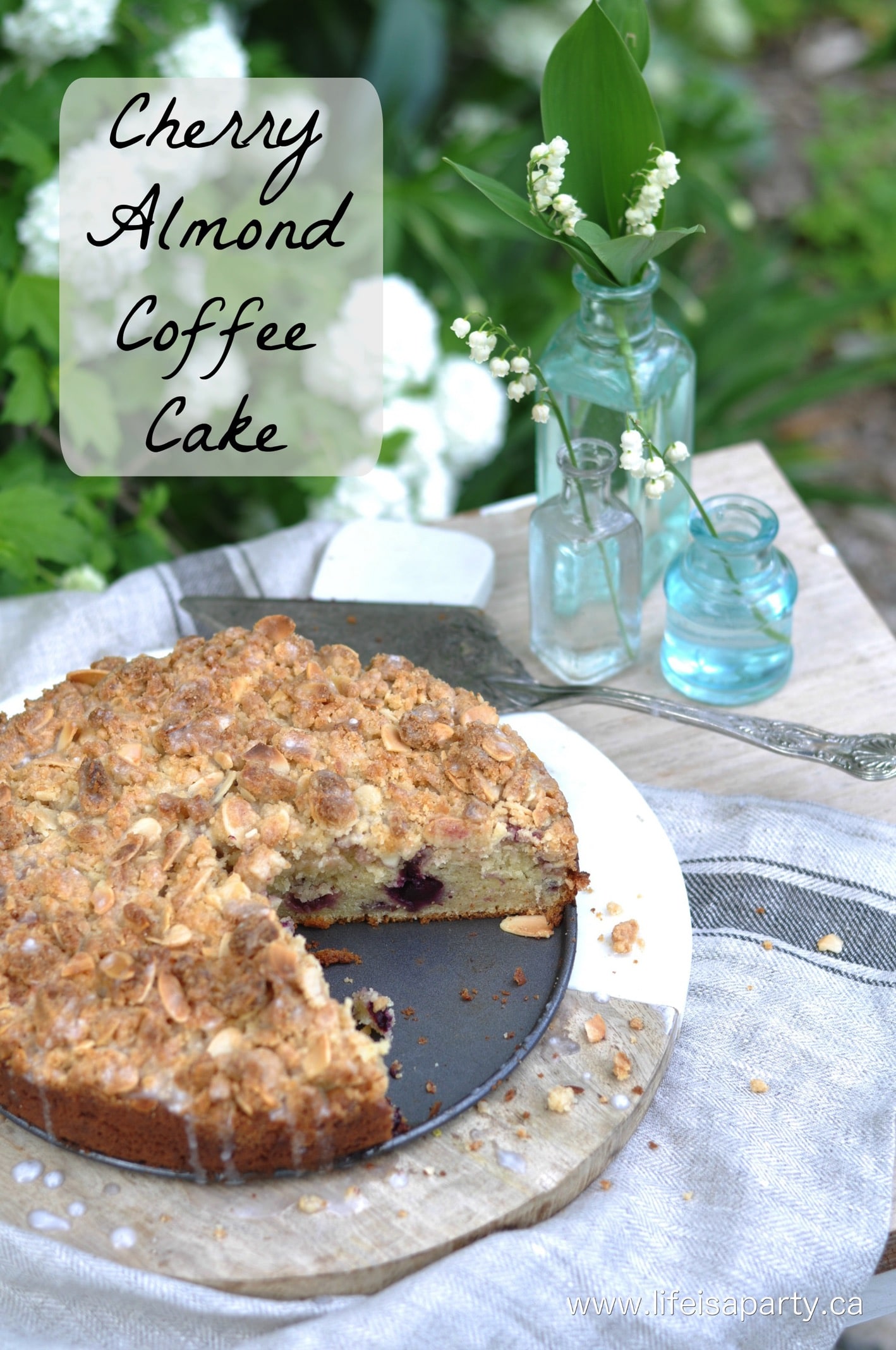 Cherry Almond Coffee Cake: I lovely not too sweet cake, with cherries, almond, and streusel topping. Made with sour cream to keep it lovely and moist.