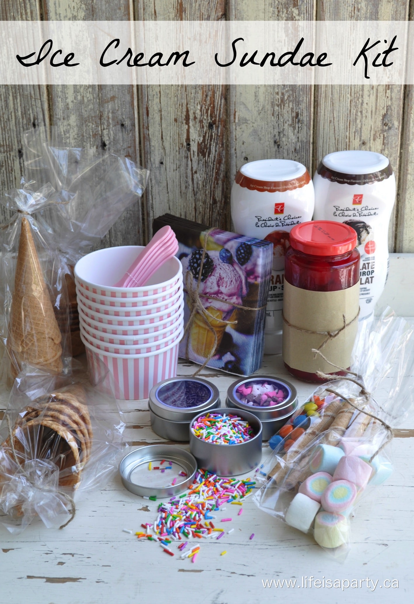 Ice Cream Sundae Kit: Perfect for summer gift giving. Wrap up your favourite ice cream toppings, sauces, cherries, ice cream cones, and ice cream.