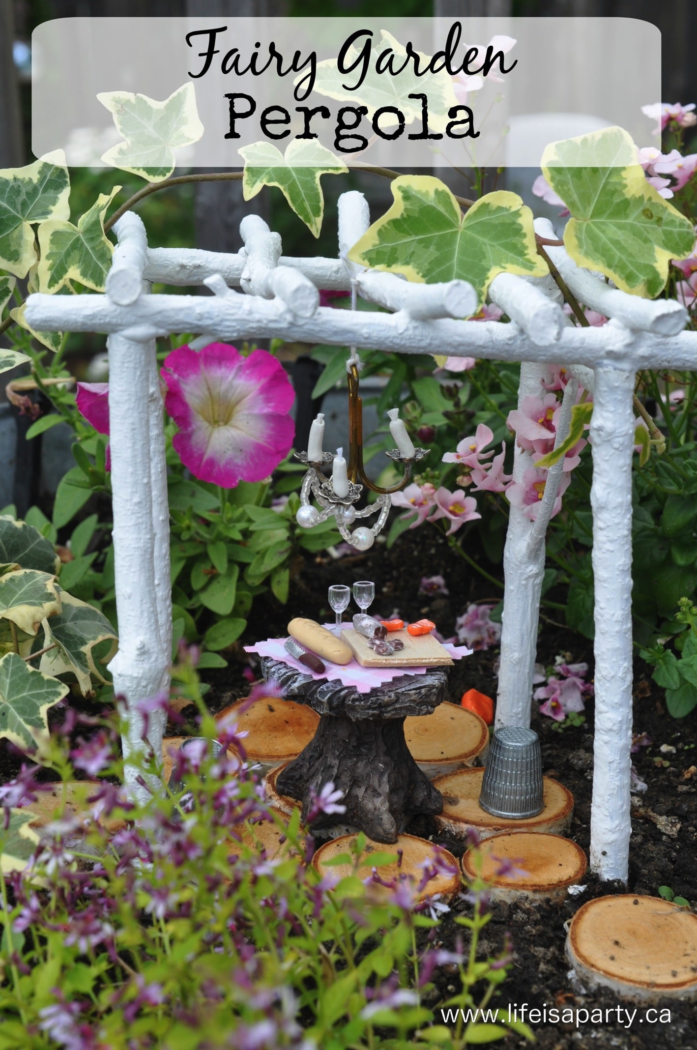 DIY Fairy Garden Furniture: easy how to instructions to make a miniature twig pergola/gazebo/arbor for a fairy garden using twigs, glue, and paint.