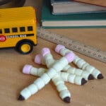 Back to school marshmallow pencil snacks made with marshmallows and chocolate chips.