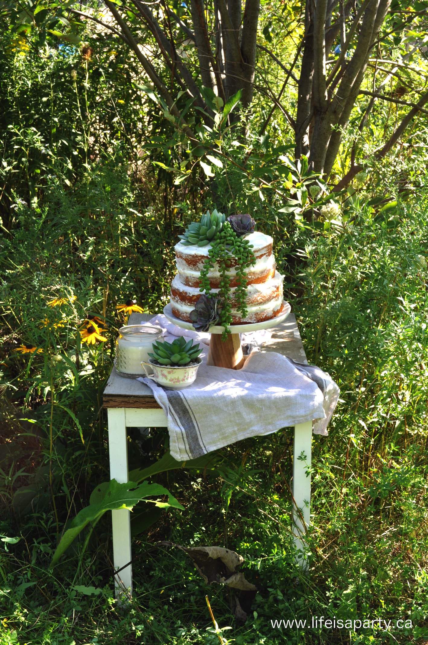 Succulent Naked Cake: made from cake mixes, and faux succulents; easy and sure to impress.