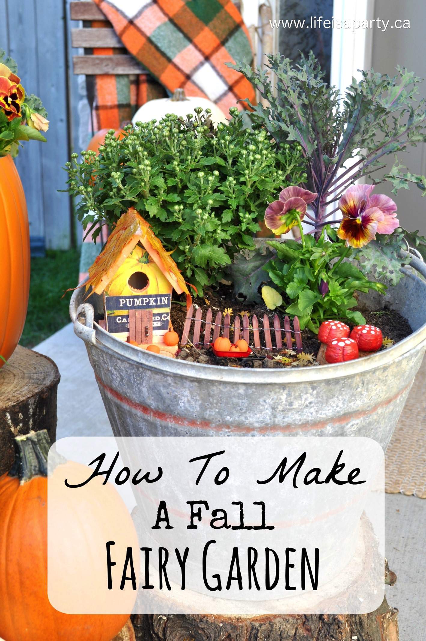 Fall Fairy Garden: How to make a sweet little Fall themed Fairy Garden with an easy to make fairy house, mushrooms, pumpkins, and miniature fall leaves tutorial.