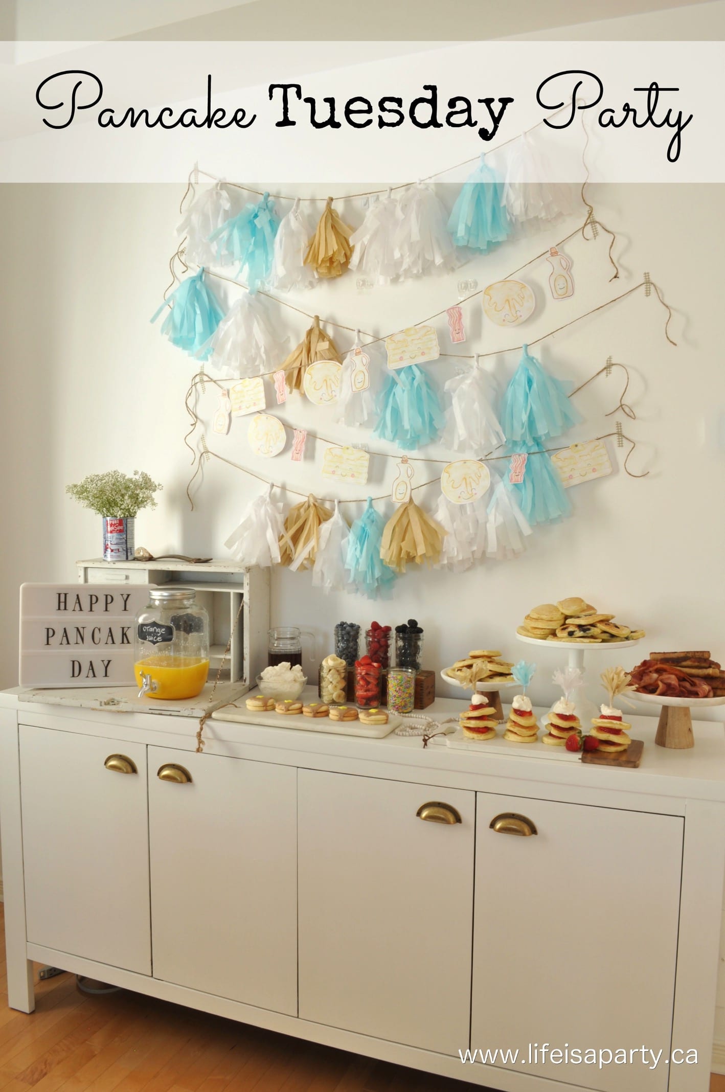 Pancake Tuesday Party: Free pancake printable decorations, invite, and pancake jokes, and a pancake buffet with topping ideas.