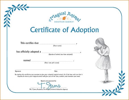 magical animal adoption agency certificate
