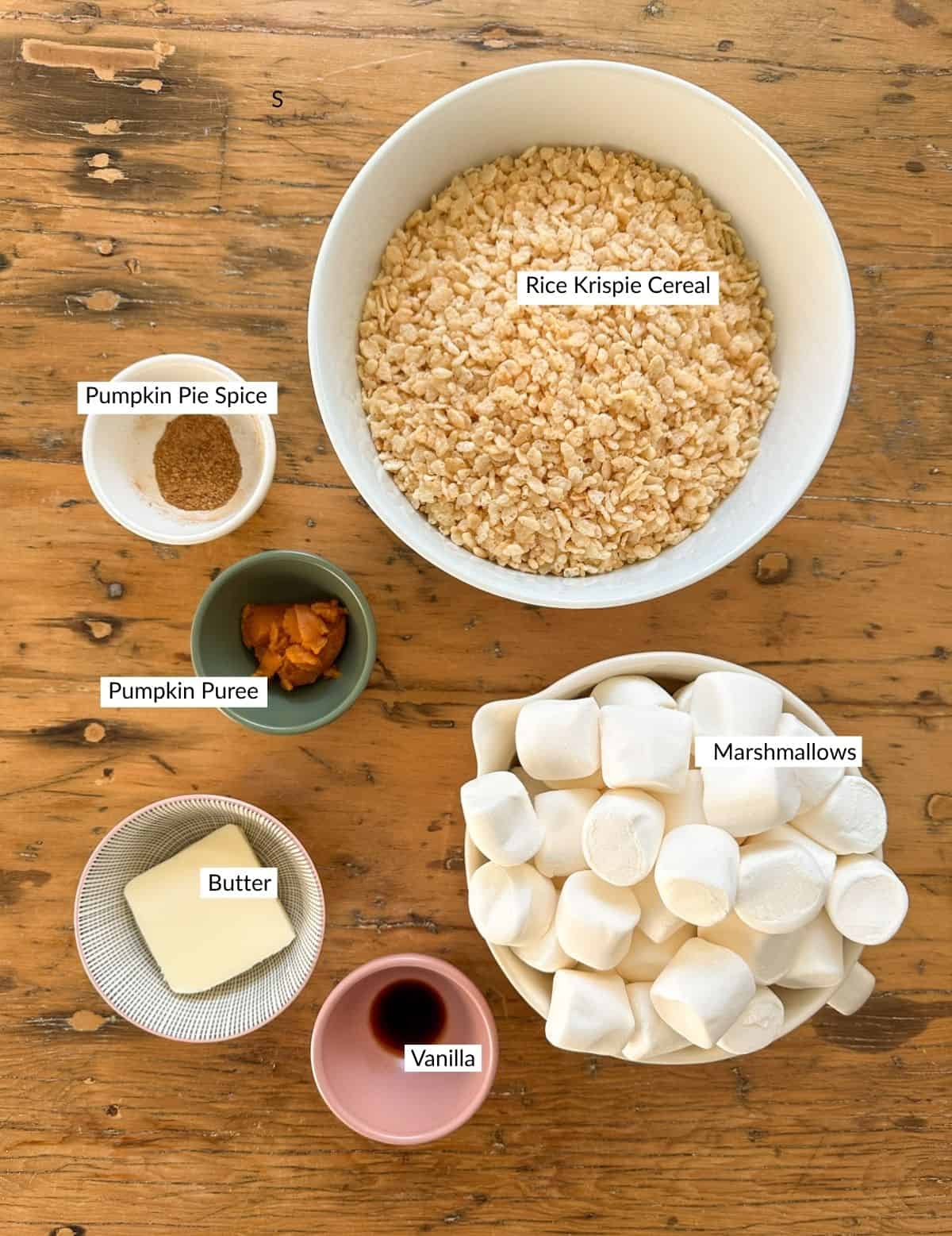 Pumpkin spice rice krispie treat bars ingredients.