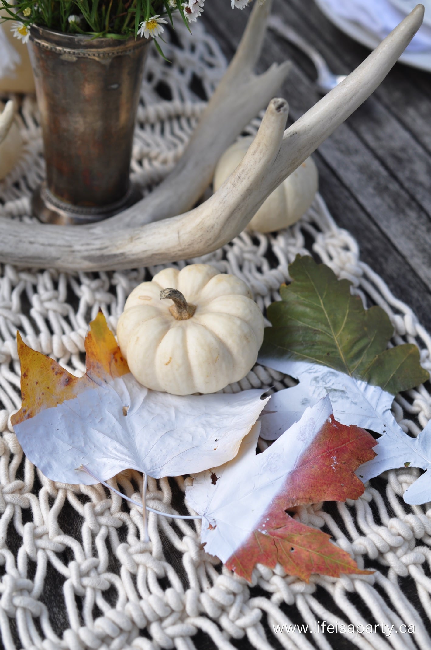 Outdoor Neutral Thanksgiving Fall Table: layer neutrals to create a beautiful outdoor thanksgiving table with some DIY projects.