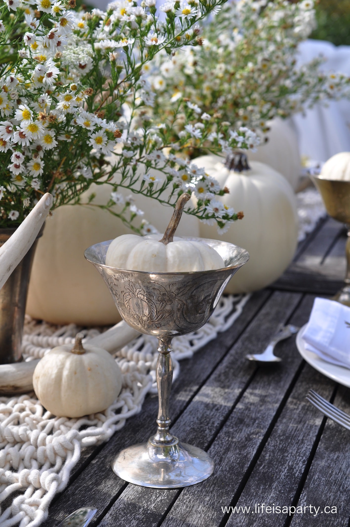 Outdoor Neutral Thanksgiving Fall Table: layer neutrals to create a beautiful outdoor thanksgiving table with some DIY projects.