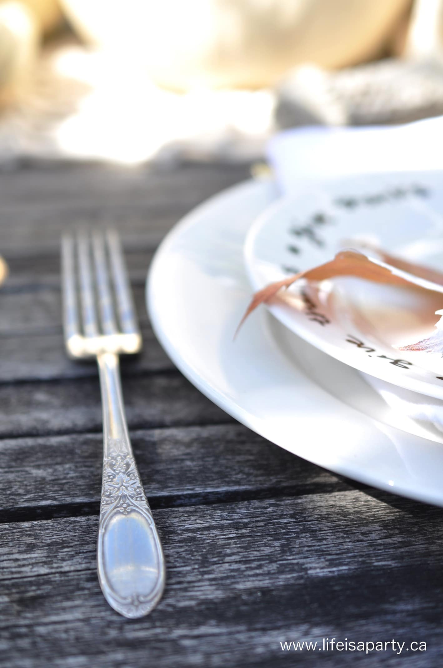 Outdoor Neutral Thanksgiving Fall Table: layer neutrals to create a beautiful outdoor thanksgiving table with some DIY projects.