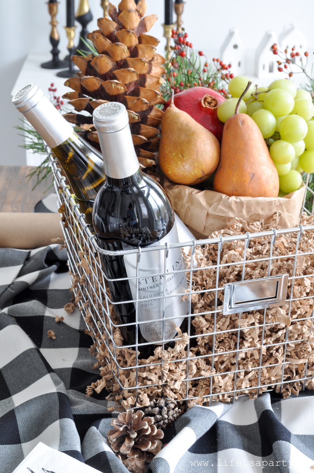 wine and fruit in a gift basket