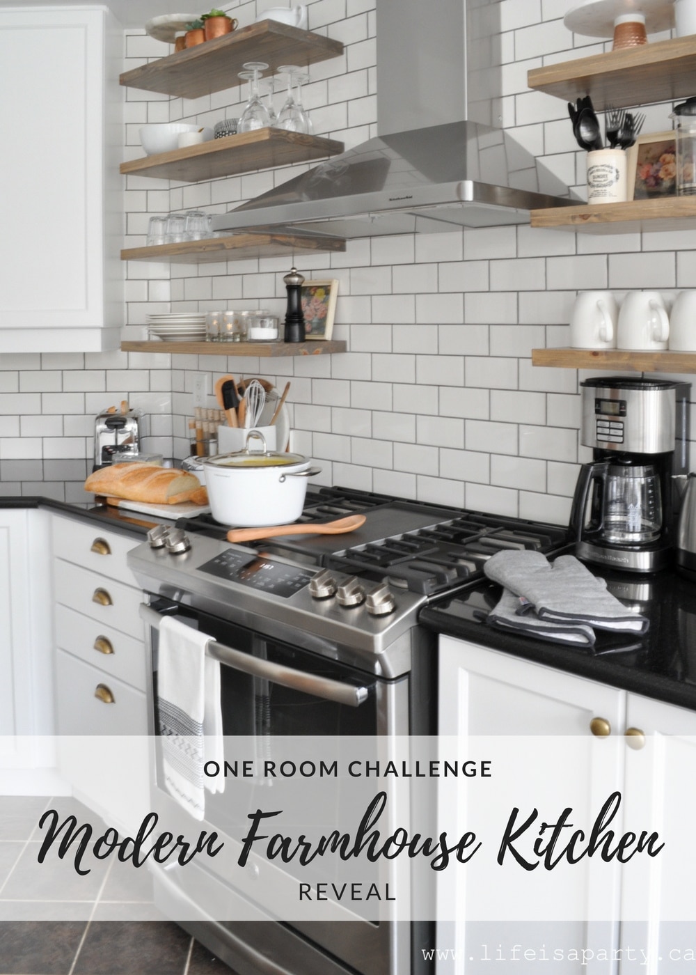 Modern Farmhouse Kitchen Makeover -painted cabinets, white subway tile with dark grout, rustic wood shelves, & brass touches in a black and white makeover.