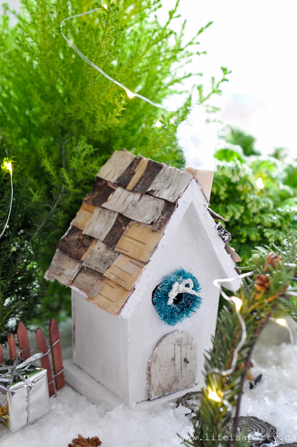fairy garden house with birch bark shingles