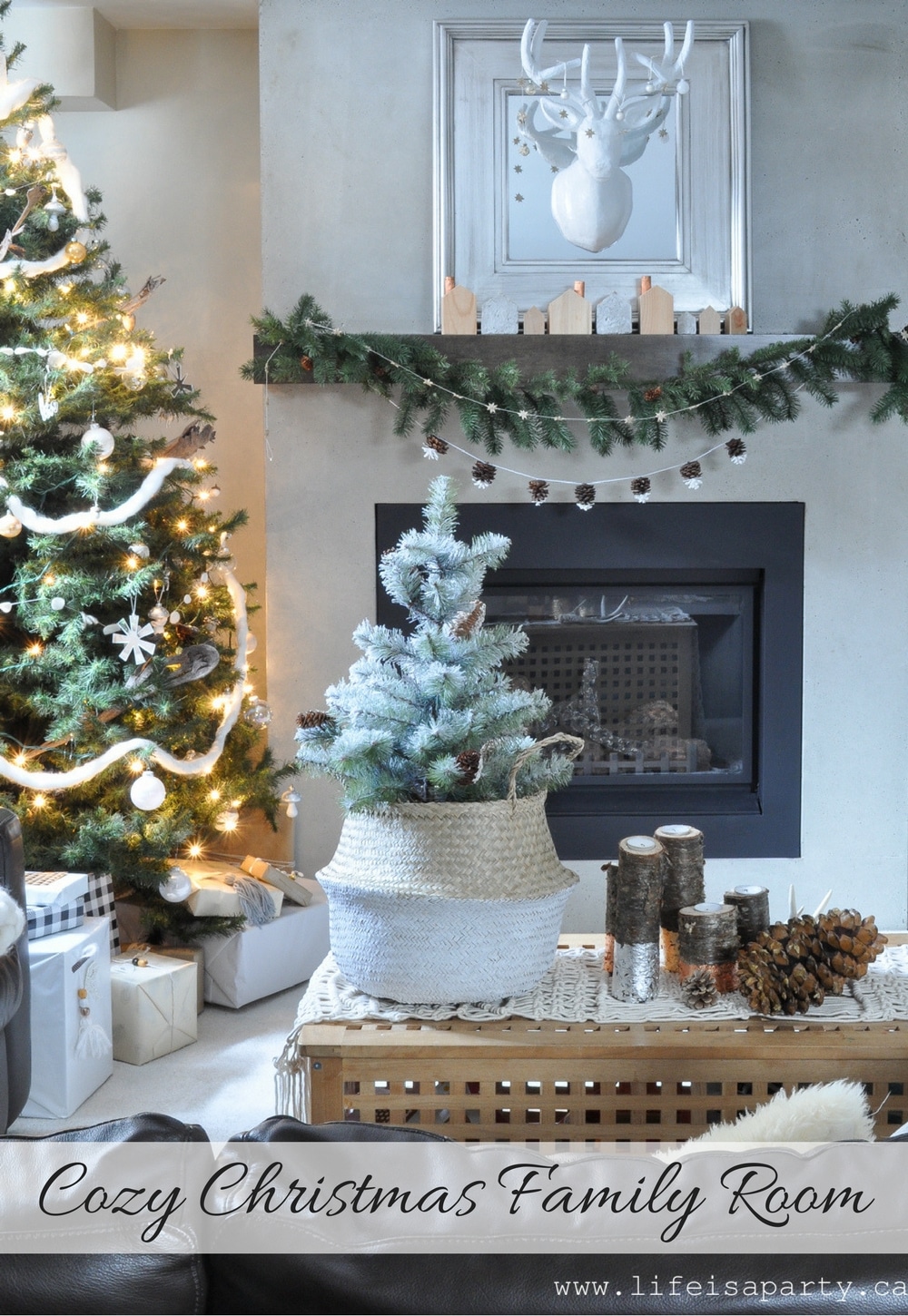 Cozy Christmas Family Room: All decorated with neutral Christmas decor using whites, creams, and lots of different textures for interest.