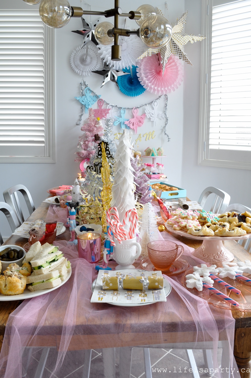 Nutcracker Tea Party: Visit the land of sweets -ideas for a Nutcracker Ballet Themed Tea Party with themed food and pink and aqua decorations.
