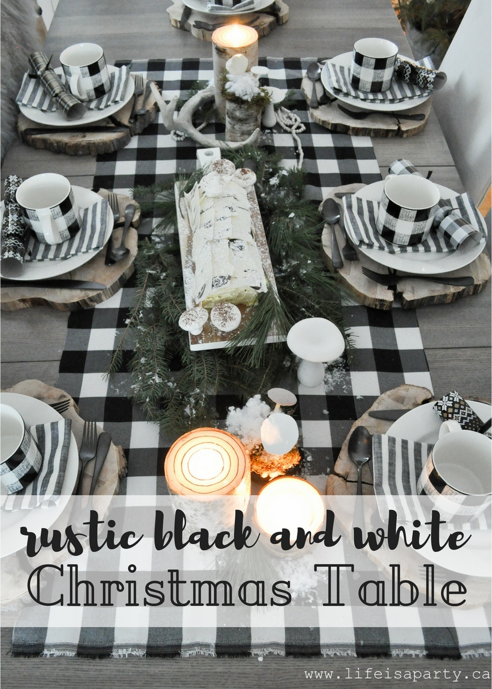 Rustic Black and White Christmas Table -wood chargers, a chocolate birch bark yule log cake, and handmade clay mushrooms make this woodsy table special.