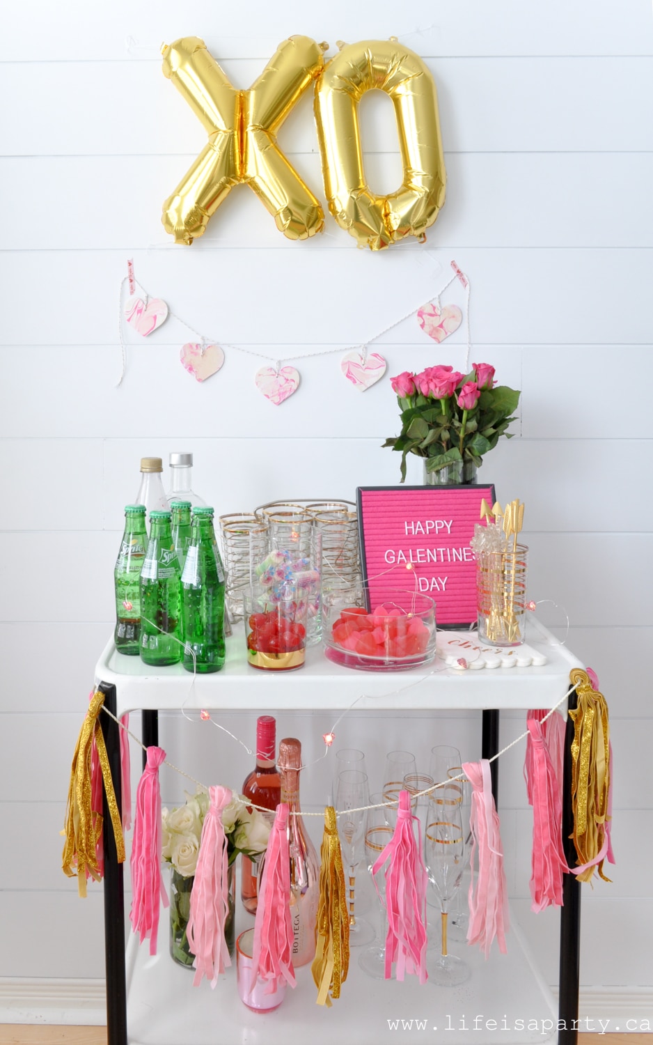 Galentine's Day Cocktail and Bar Cart -invite your girlfriends over and celebrate with a pretty Valentine's Day Bar Cart and Galentine's Day Drink.  A Dirty Shirley is the grown up alcoholic version of your favourite girlhood drink!