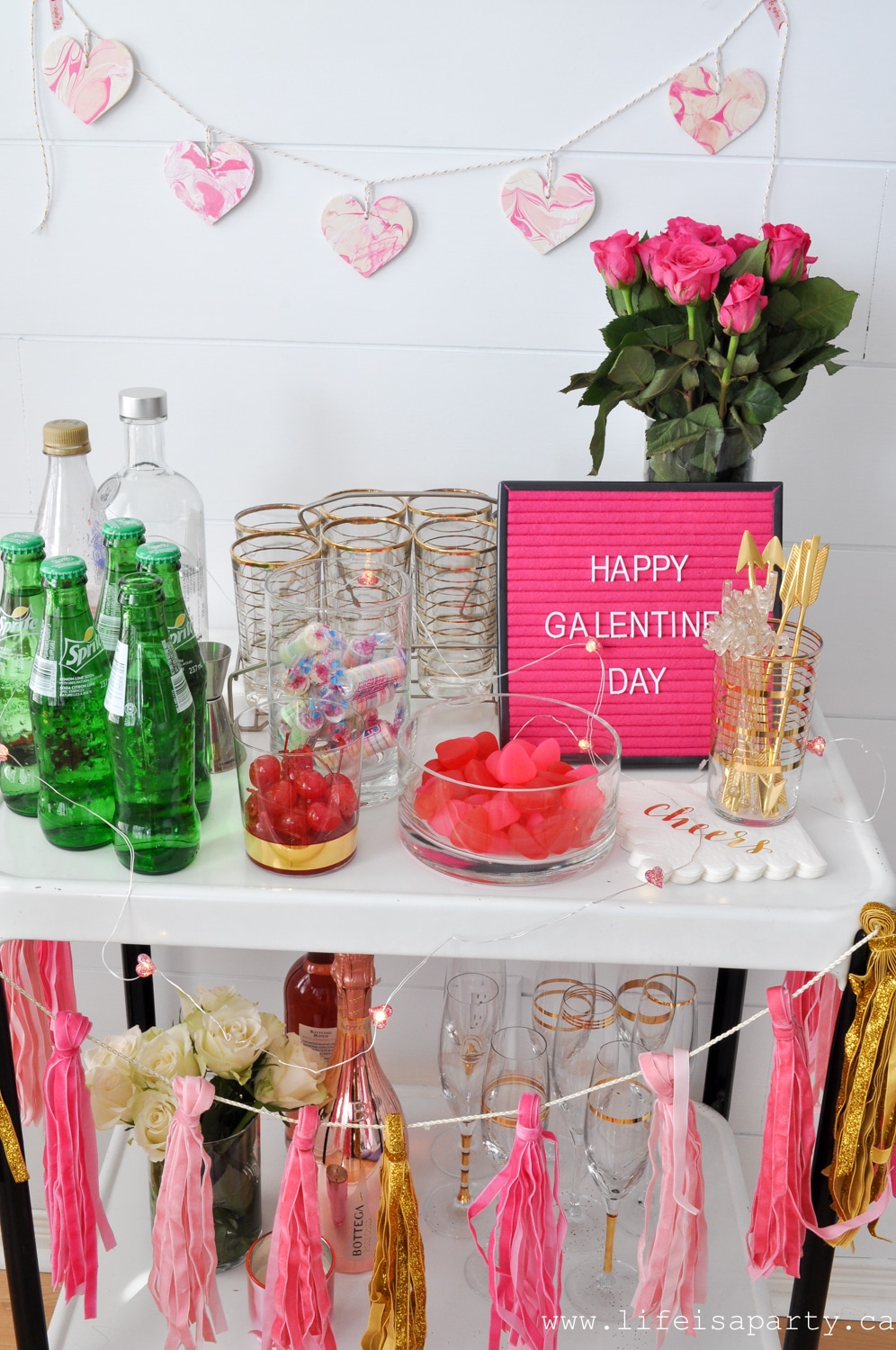 Bar Cart decorated in pink ready for Galentine's Day