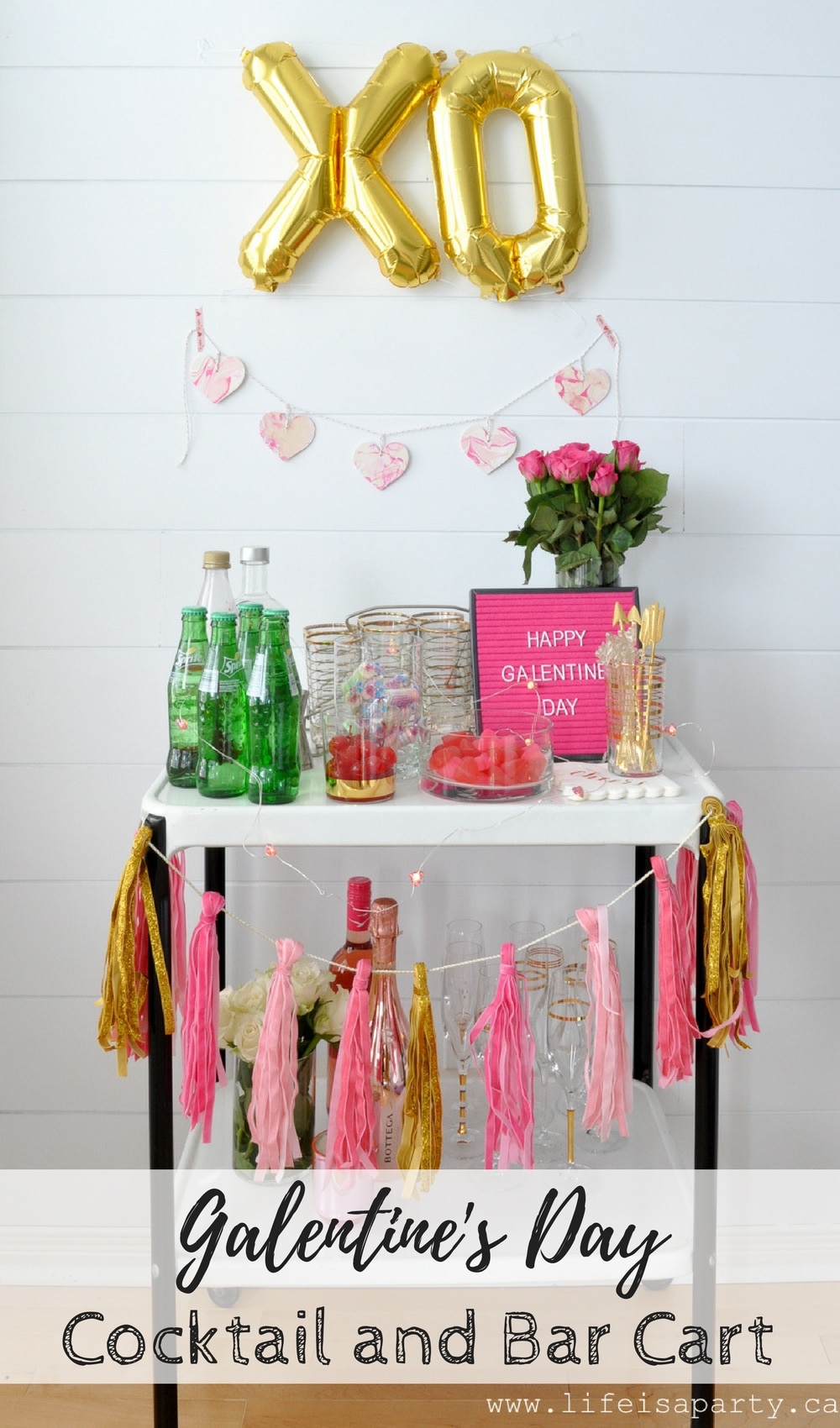 Galentine's Day Cocktail and Bar Cart -invite your girlfriends over and celebrate with a pretty Valentine's Day Bar Cart and a Dirty Shirley (a grown up alcoholic version of your favourite girlhood drink)!