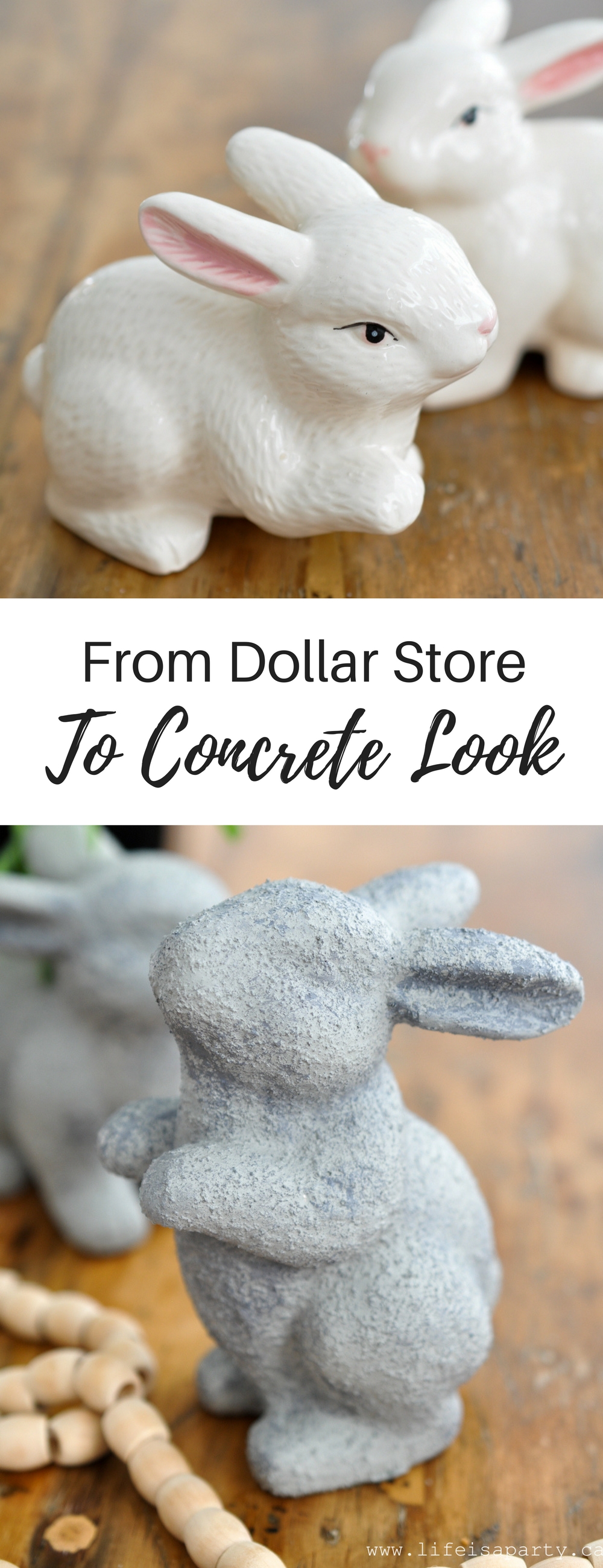 Faux Concrete Finish Bunnies: These dollar store bunnies get a concrete look easy makeover and now look like expensive garden concrete bunnies.